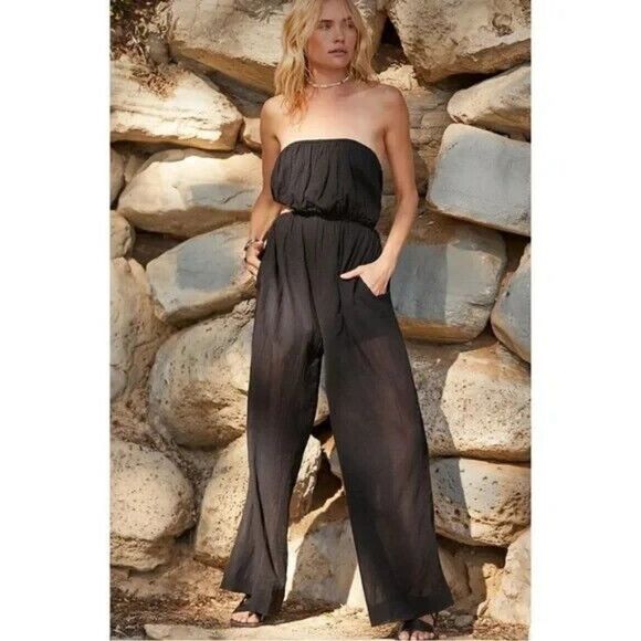 Free People Cut Out For It Jumpsuit Size XS Black Strapless Wide Leg Cotton - Picture 1 of 5